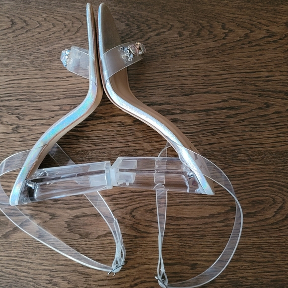 Aldo Clear High Block Heel Ankle Strap Sandals with Rhinestones Details.… - Picture 3 of 5